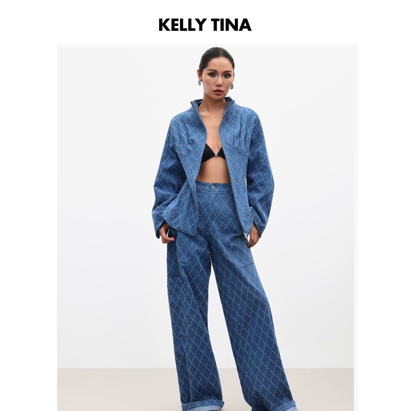 KELLY TINA先锋设计宣言廓型外套女时尚春秋蓝色格子牛仔夹克上衣
