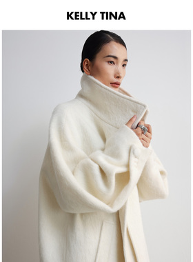 孙千同款  毛感白色大衣女2025秋季新款宽松慵懒高级感毛呢外套