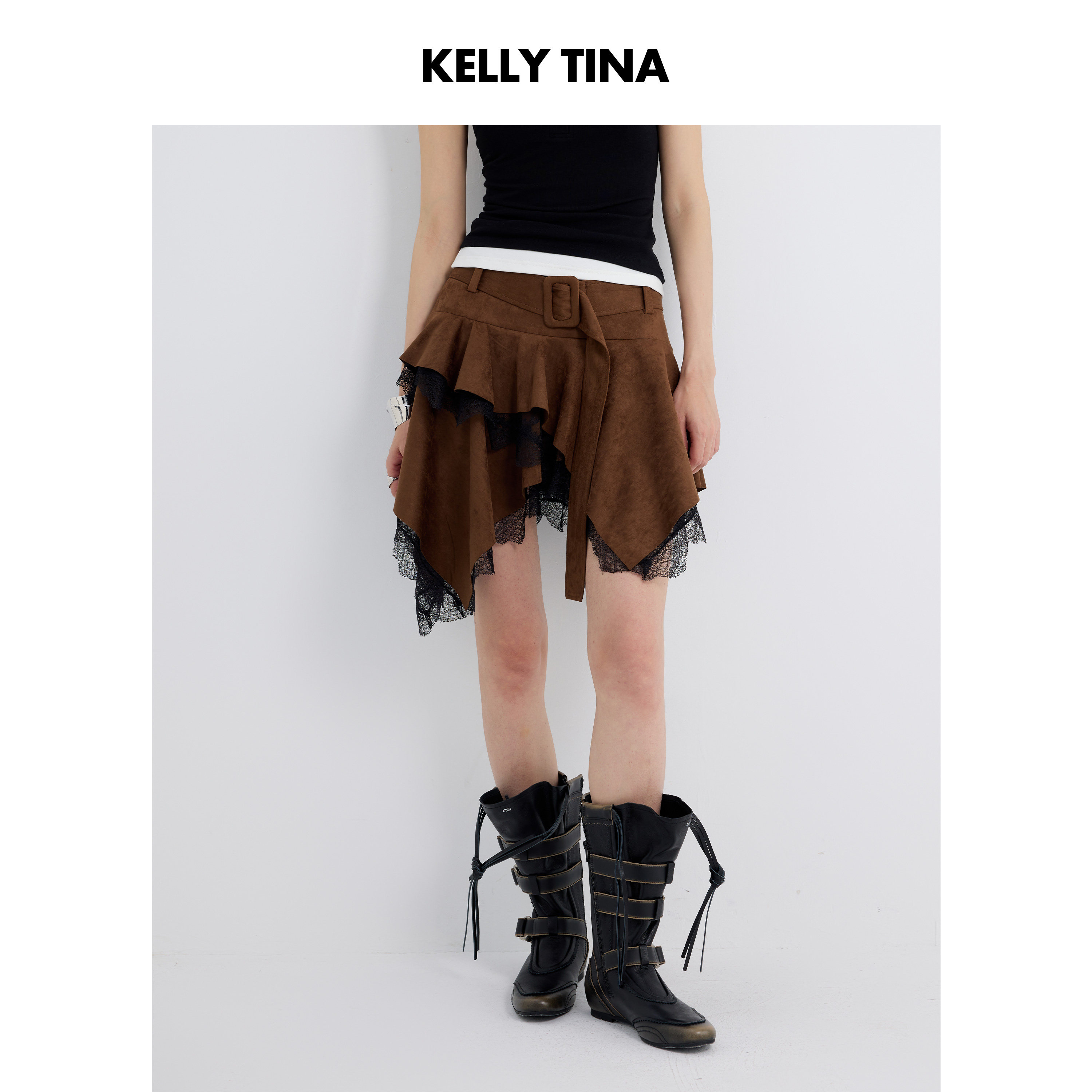 KELLY TINA 不规则蕾丝花边麂皮半裙女解构复古显瘦棕色半身裙子