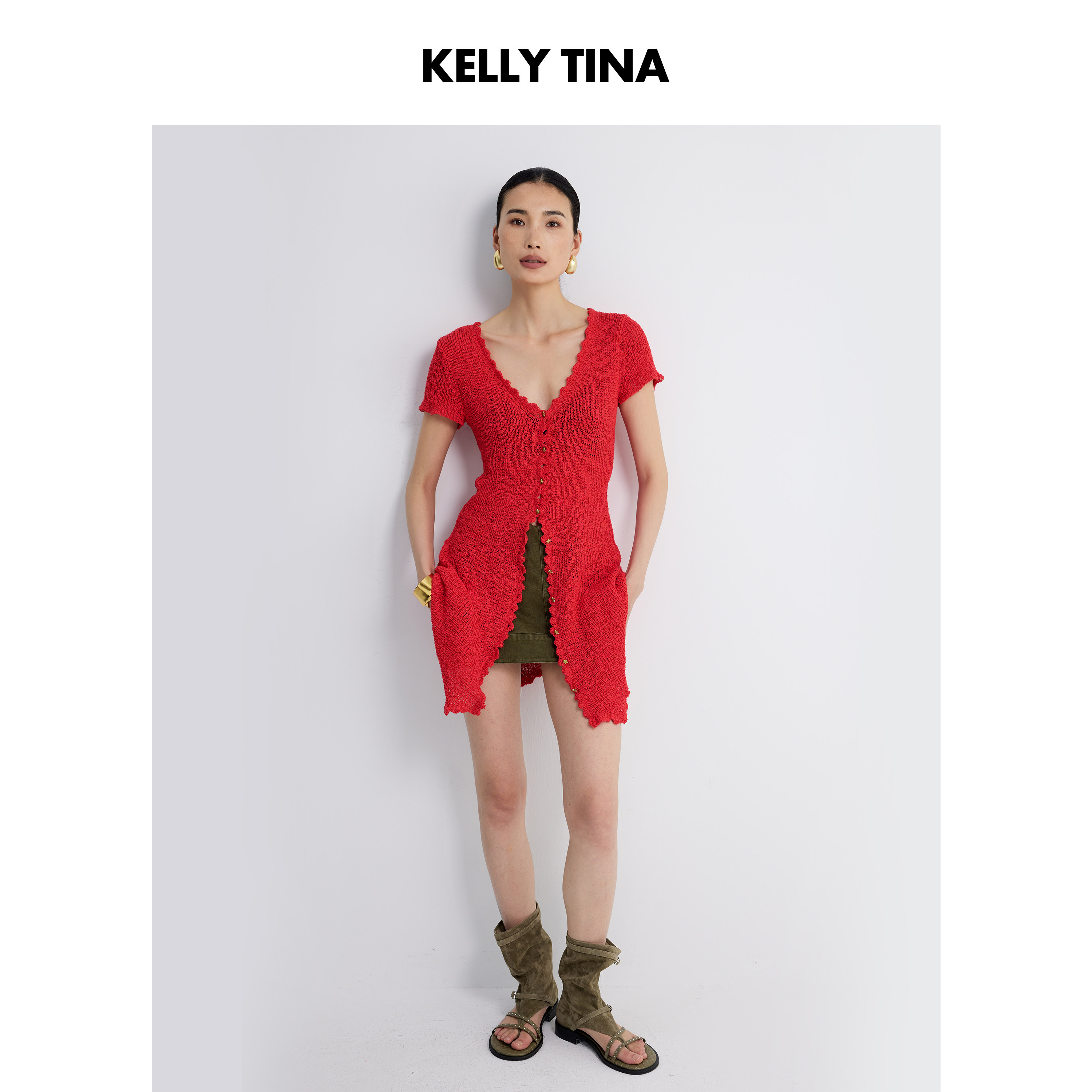 KELLY TINA 菱语绮梦可拆卸喇叭袖毛衫裙春夏季新款开衫针织衫
