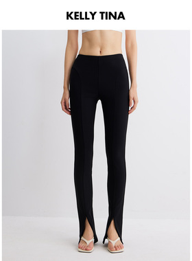 KELLY TINA 黑色高腰开叉裤女紧身显瘦长裤性感休闲裤小脚裤子