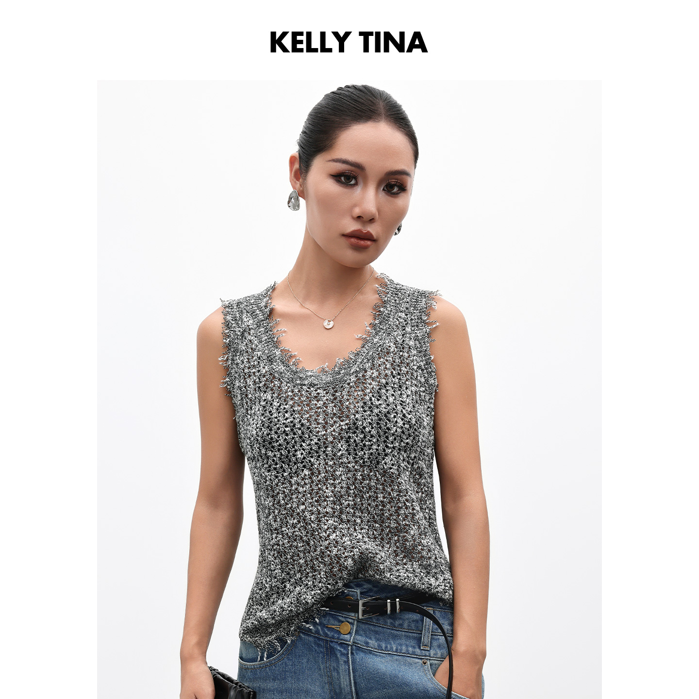 KELLY TINA夏日织语无袖针织背心女时尚镂空设计感不规则显瘦上衣