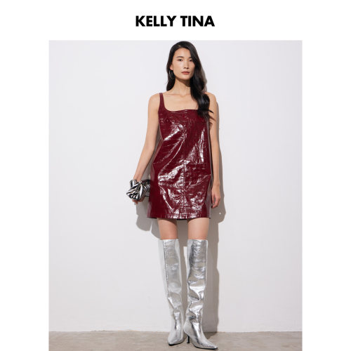 KELLY TINA  酒红魅影压花皮A字吊带裙女气质收腰显瘦性感小皮裙