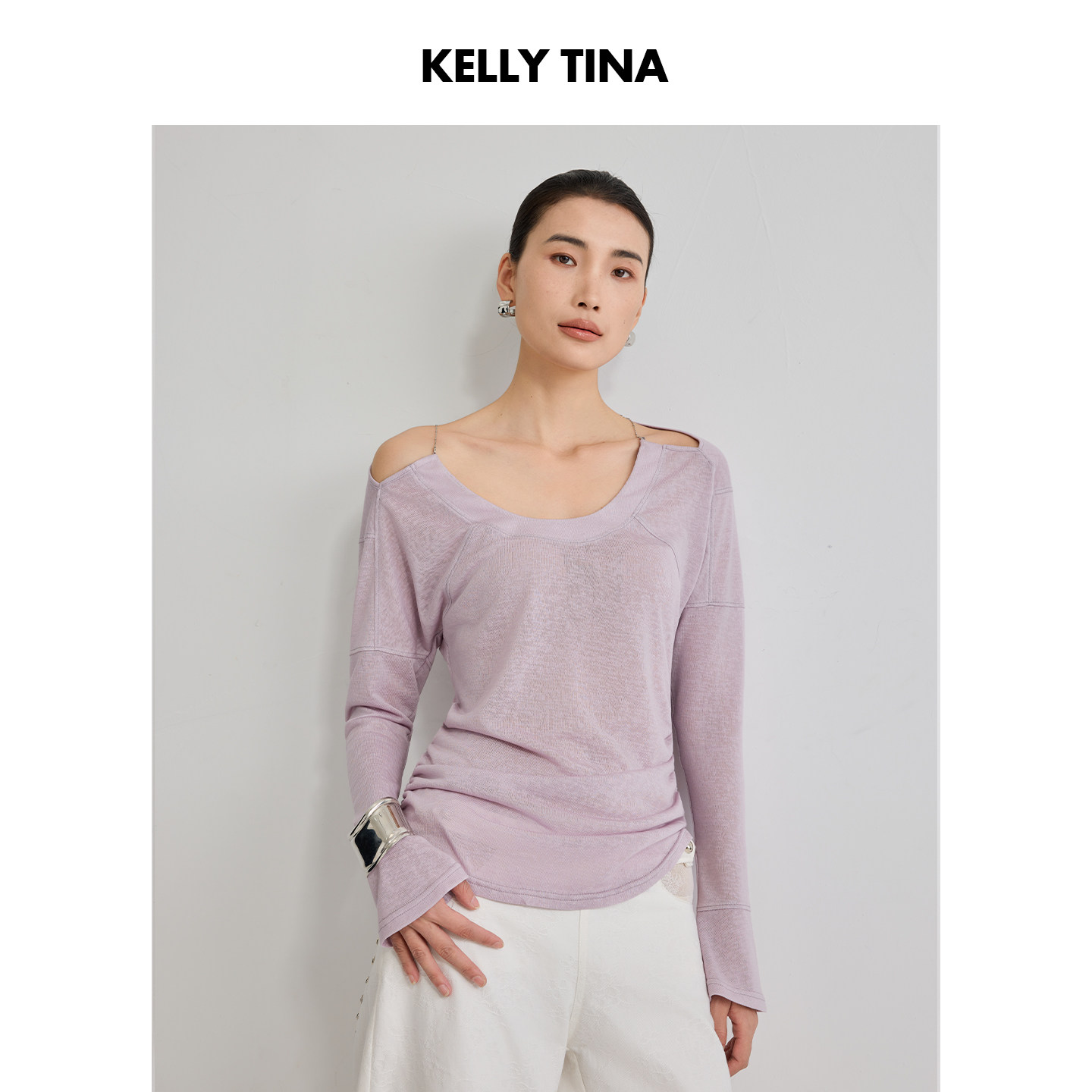 KELLY TINA 暖光都市露肩收腰衫紫色莱赛尔休闲风长袖圆领T恤