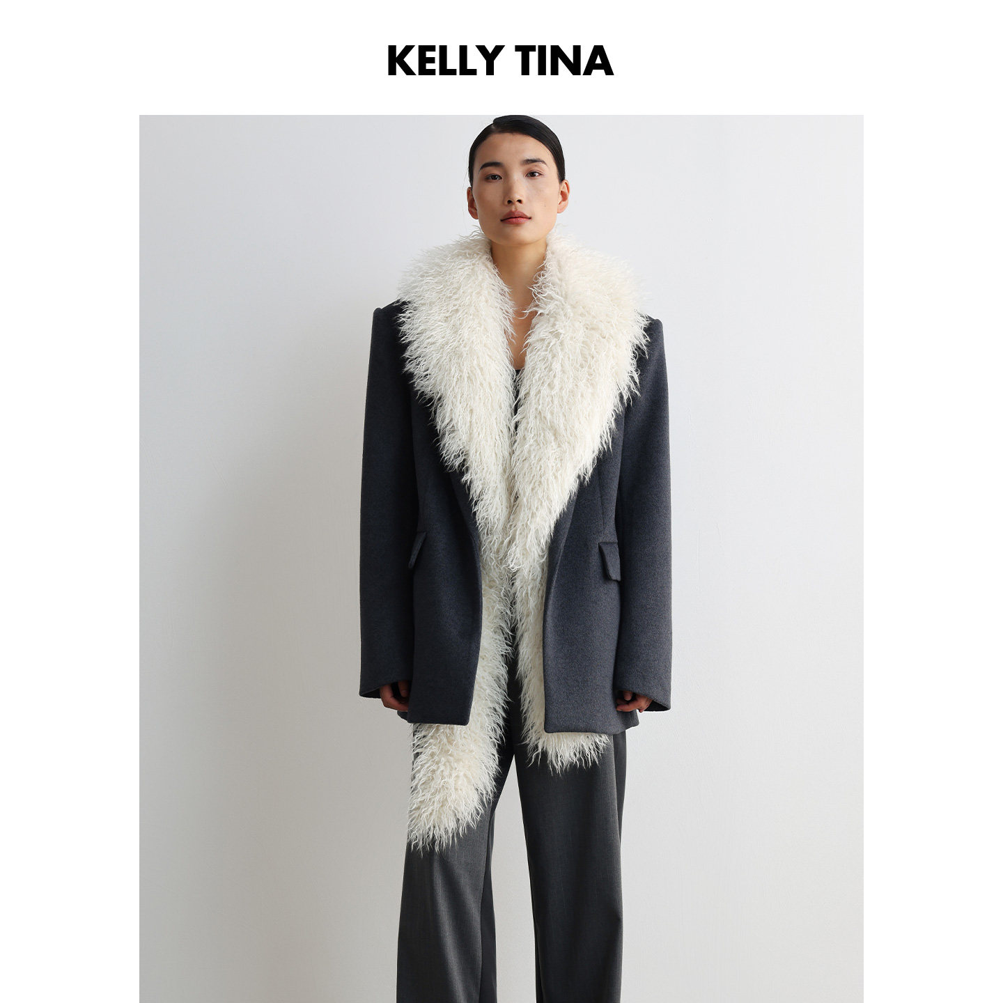 KELLY TINA 可拆卸毛领毛呢外套女2025新款秋季高级灰色时尚西装