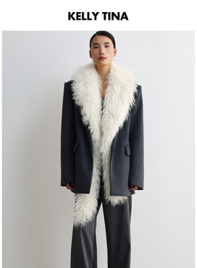 KELLY TINA 可拆卸毛领毛呢外套女2025新款秋季高级灰色时尚西装