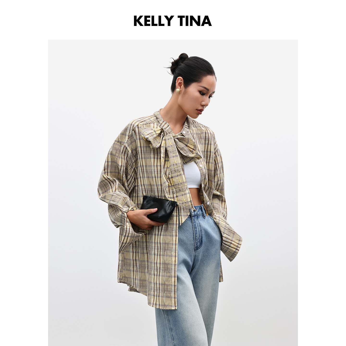 KELLY TINA 绅士双领结衬衣女蝴蝶结设计感小众休闲外套格子上衣