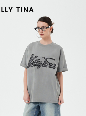 KELLY TINA 印花阔版宽松短袖T恤女2025新款百搭灰色圆领上衣女