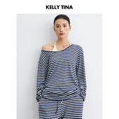宽松慵懒风设计感上衣大u领斜肩条纹长袖 KELLY TINA T恤女