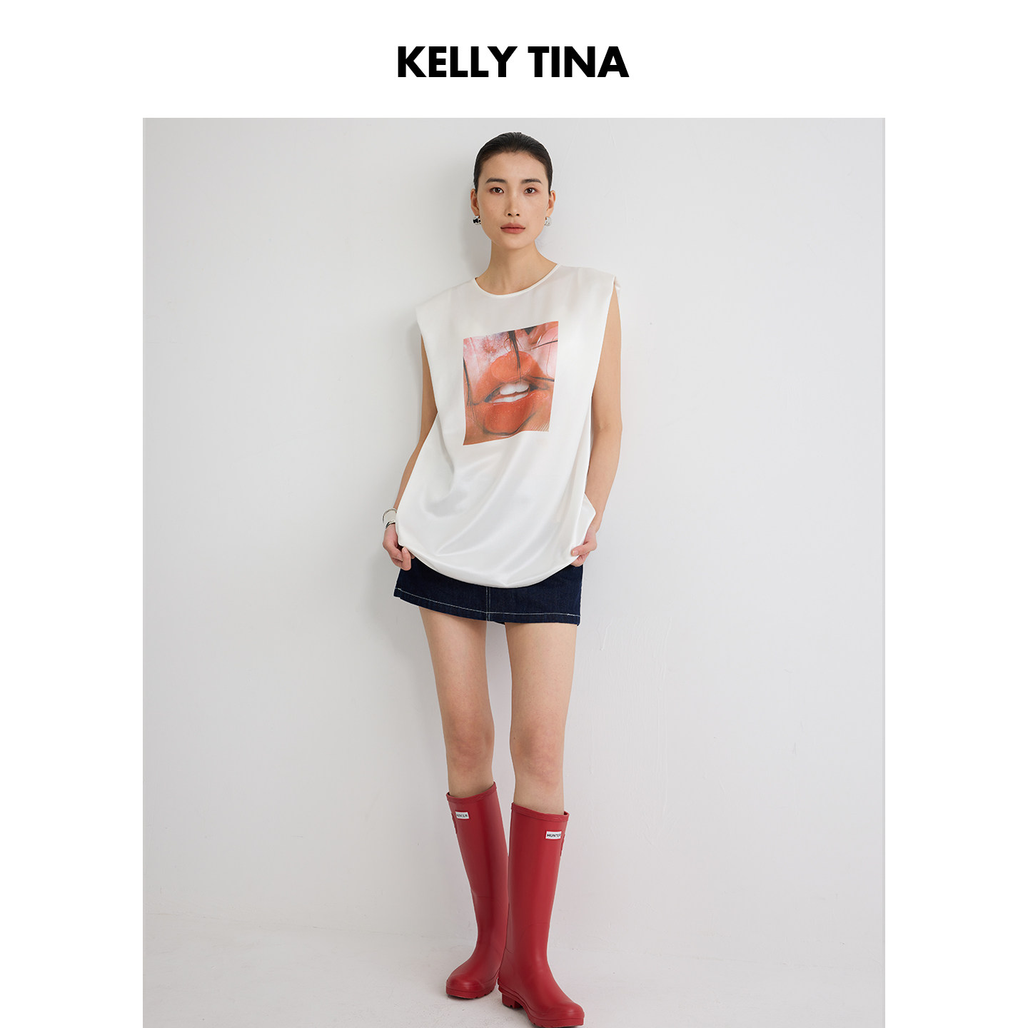 KELLY TINA 艺术感醋酸坎肩印花无休T恤女圆领醋酸宽松休闲上衣女
