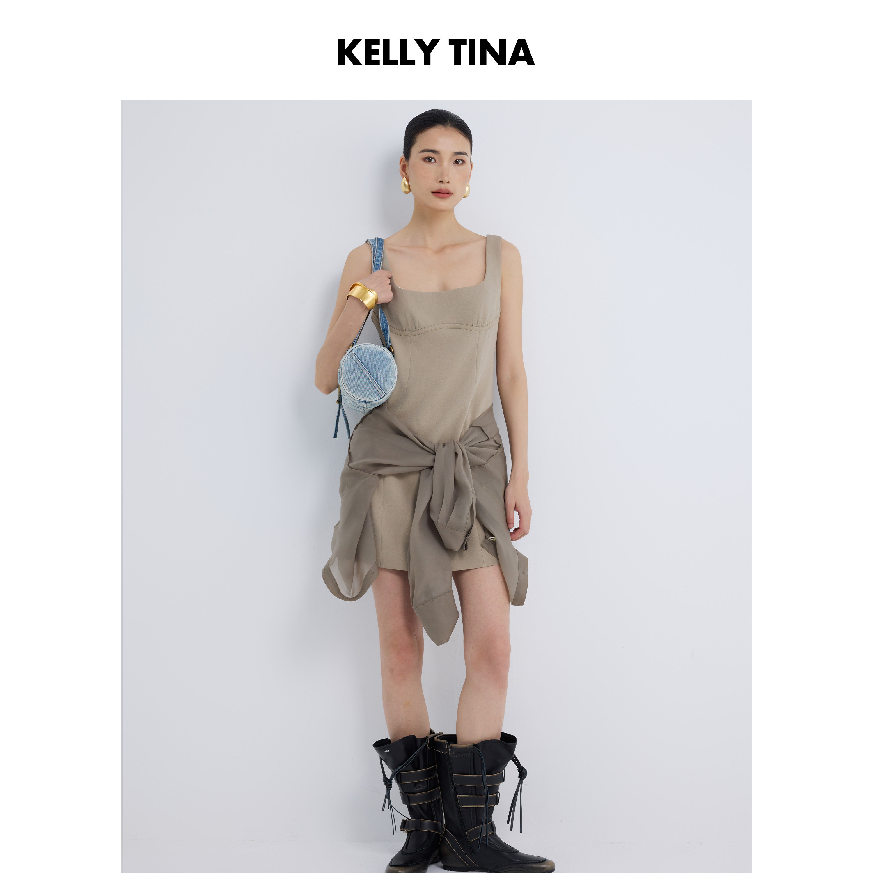 KELLY TINA 醋酸鼠尾草绿假两件衬衫裙女春夏新款防晒连衣裙女a