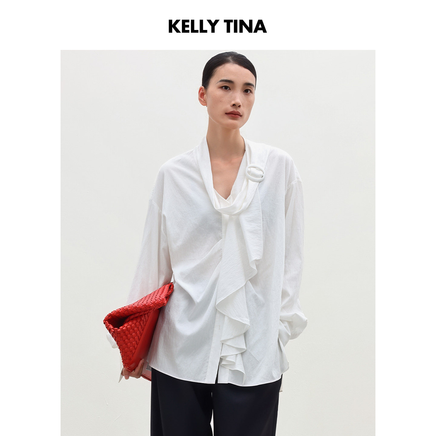 KELLY TINA 结构先锋艺术衬衫女设计感时尚气质白色飘带长袖上衣