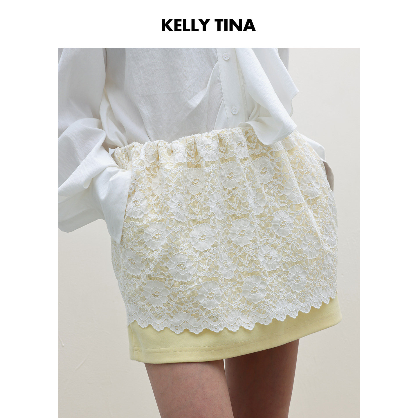KELLY TINA 优雅性感双料蕾丝半裙女气质柠檬黄拼接半身裙短裙女