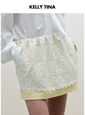 KELLY TINA 优雅性感双料蕾丝半裙女气质柠檬黄拼接半身裙短裙女