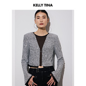 短外套气质V领长袖 KELLY TINA星芒幻夜亮片短上衣女千金风开衫