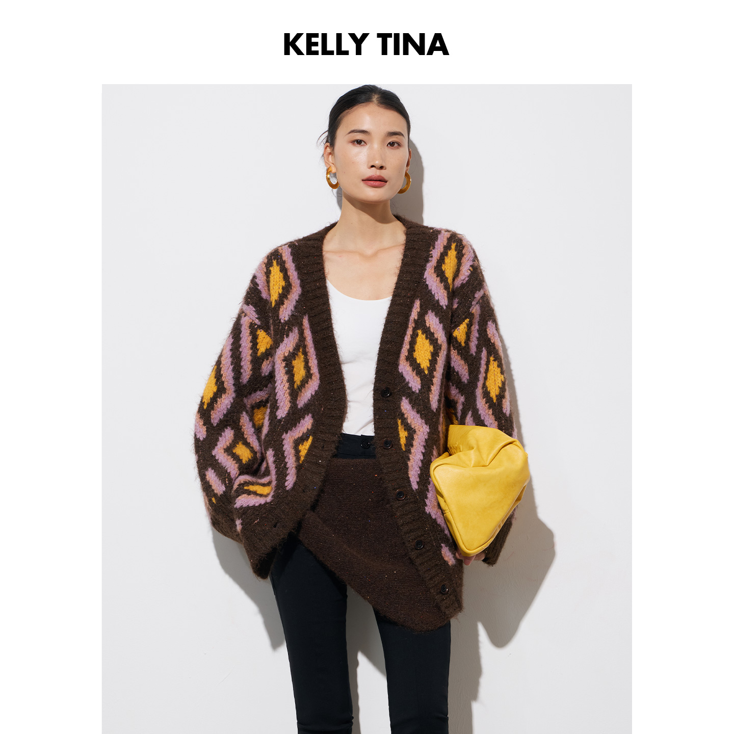 KELLY TINA 羊驼毛璀璨菱格毛衣外套女撞色针织V领开衫女冬季新款