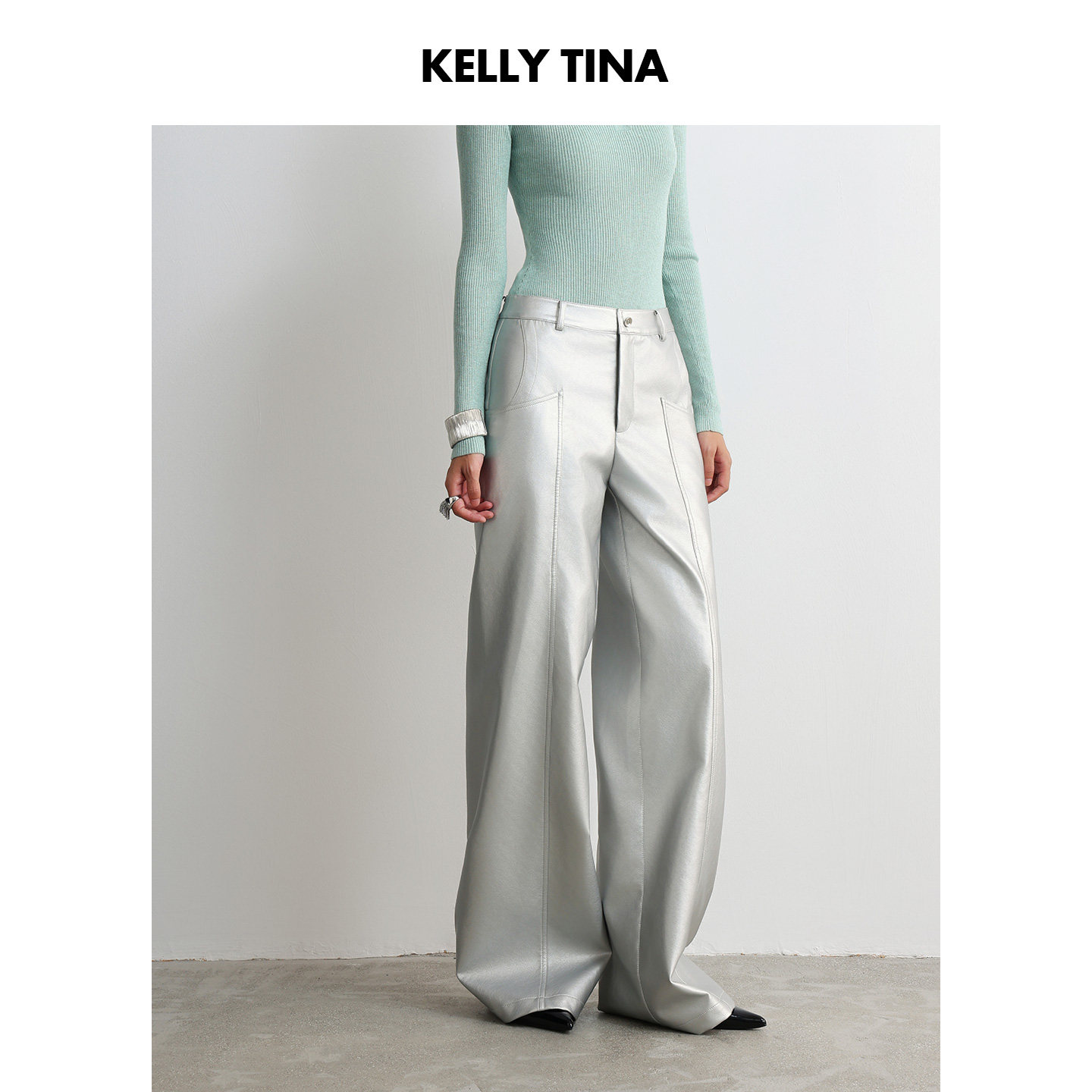 KELLY TINA 冬日魅力银色拼接皮裤2025新款高级感秋冬长裤阔腿裤