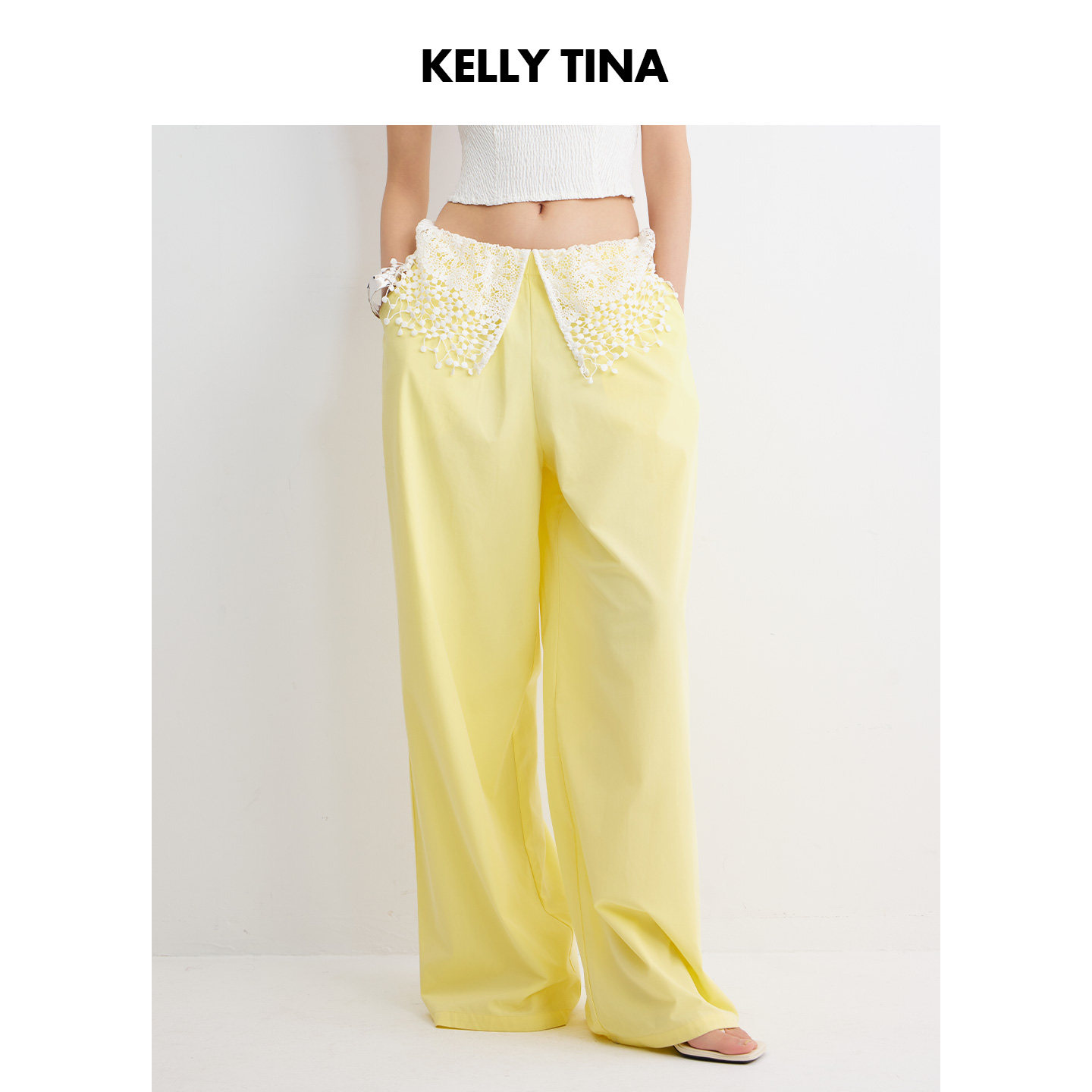 KELLY TINA多巴胺高腰阔腿裤女黄色蕾丝拼接宽松显瘦休闲裤长裤子