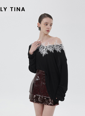 KELLY TINA V领蕾丝T恤超好看温柔独特上衣女装2025新款长袖百搭