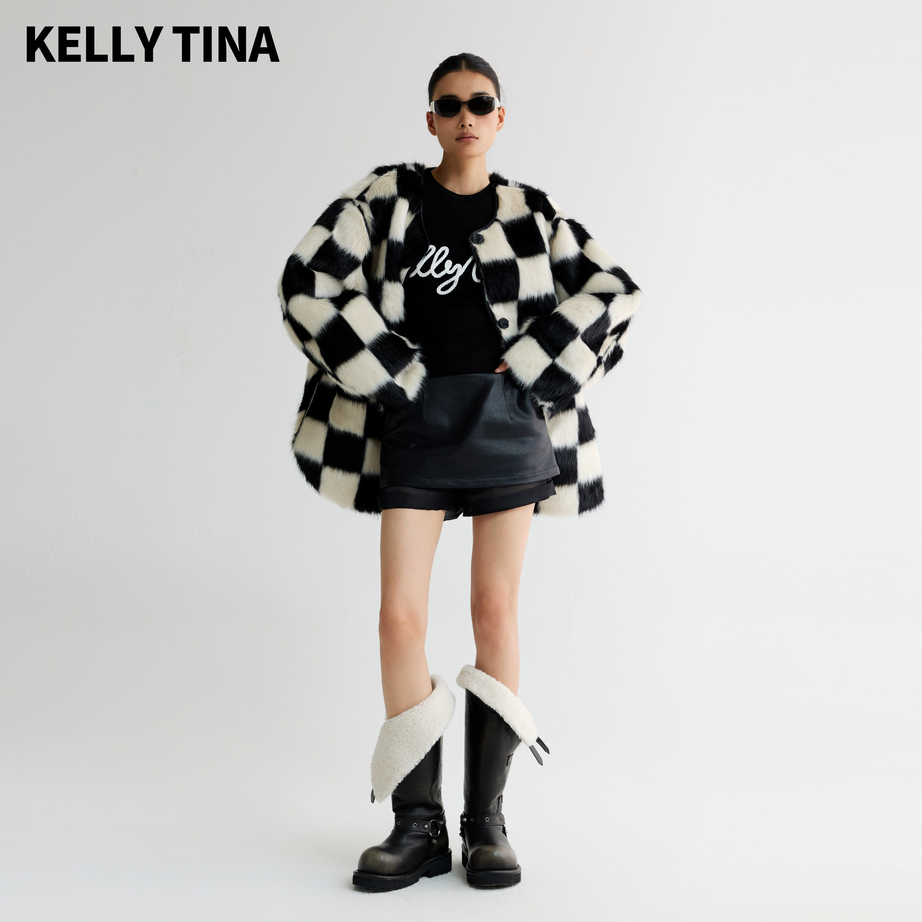 KELLY TINA黑白棋盘格醋酸环保皮草毛一体外套女2026冬新款短外套