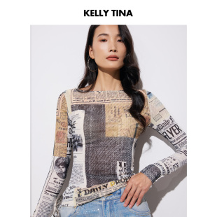 T恤女网纱修身 KELLY 复古风报纸印花长袖 美式 显瘦百搭上衣 TINA