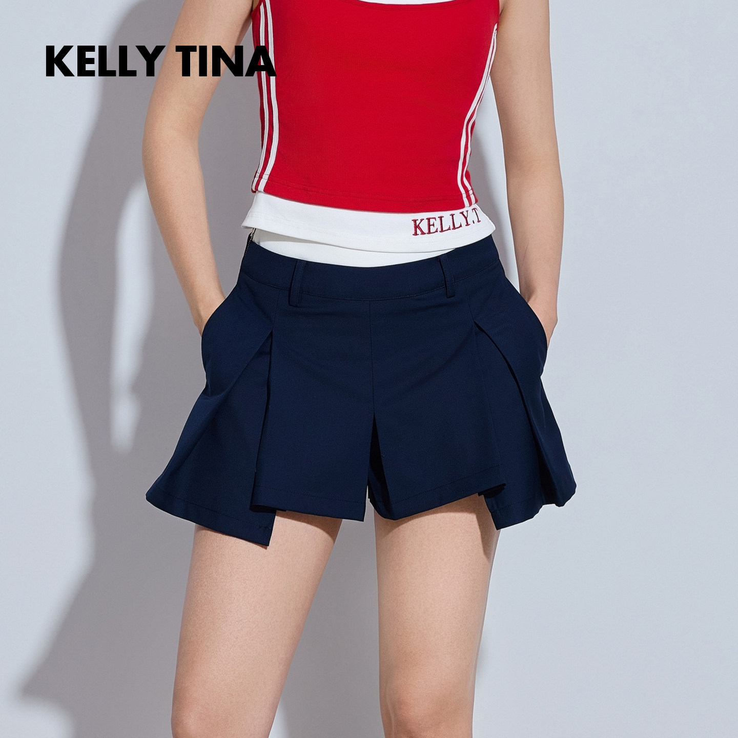 KELLY TINA 百褶裙裤2025夏季新款不规则低腰垂感A字裙短裤半身裙