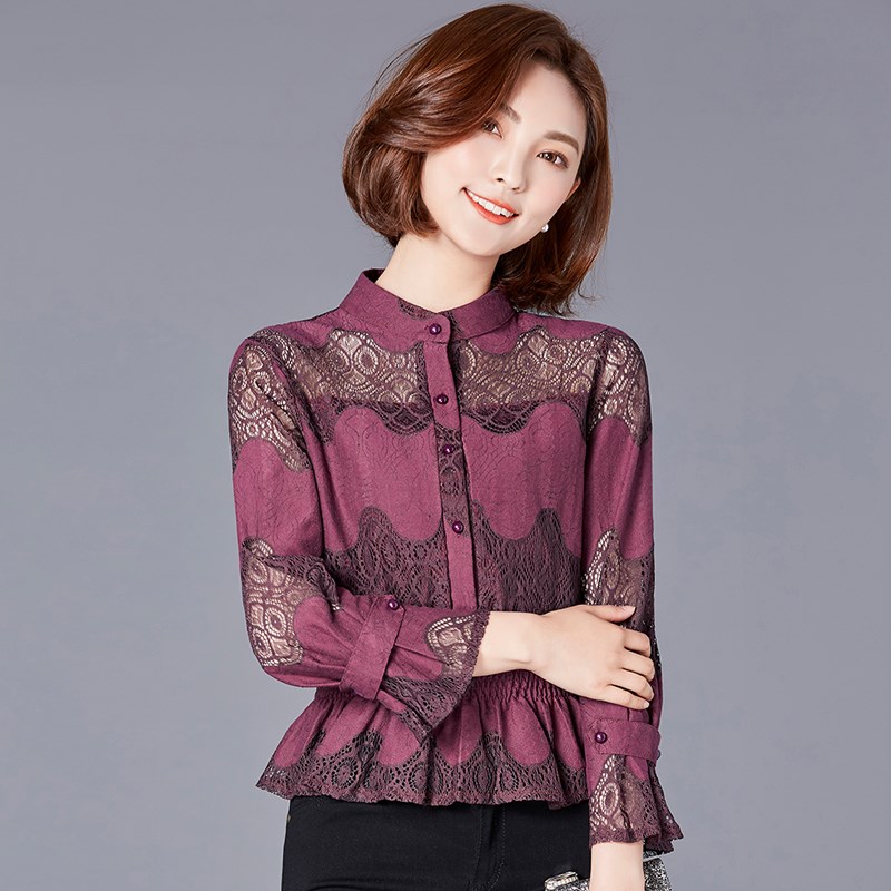 早夏装2024年春新款修身蕾丝镂空打底衫女长袖雪纺衫收腰显瘦上衣