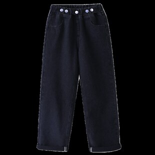 女童加绒加厚牛仔裤冬季2024新款儿童黑色直筒裤大童秋冬款阔腿裤