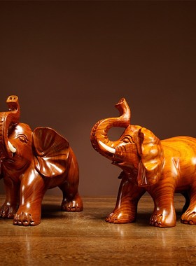 花梨木雕大象摆件实木一对象家居客厅玄关装饰工艺品店铺开业送礼