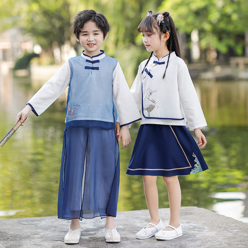 儿童春秋季复古套装班服中国风三月三古装汉服男女龙凤国庆表演服