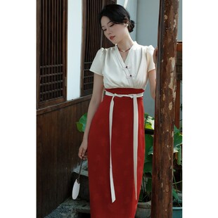 鹿与玫瑰新中式改良旗袍女国风汉服长袖红色连衣裙气质订婚礼服裙