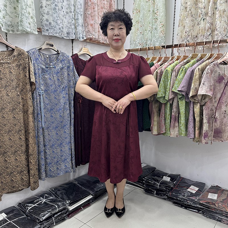 中年妈妈夏装短袖连衣裙女中长款中老年女装