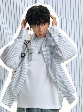 TGNS中性风美式浅蓝色条纹衬衫男春季中性风宽松衬衣情侣上衣外套