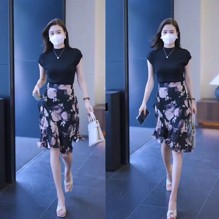 抖音爆款女雪纺半身裙套装短袖冰丝针织衫衣服性感碎花两件套裙子