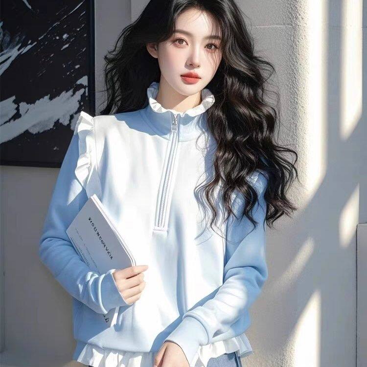 春秋独特别致木耳边立领长袖卫衣女设计感小众超好看宽松拼接上衣