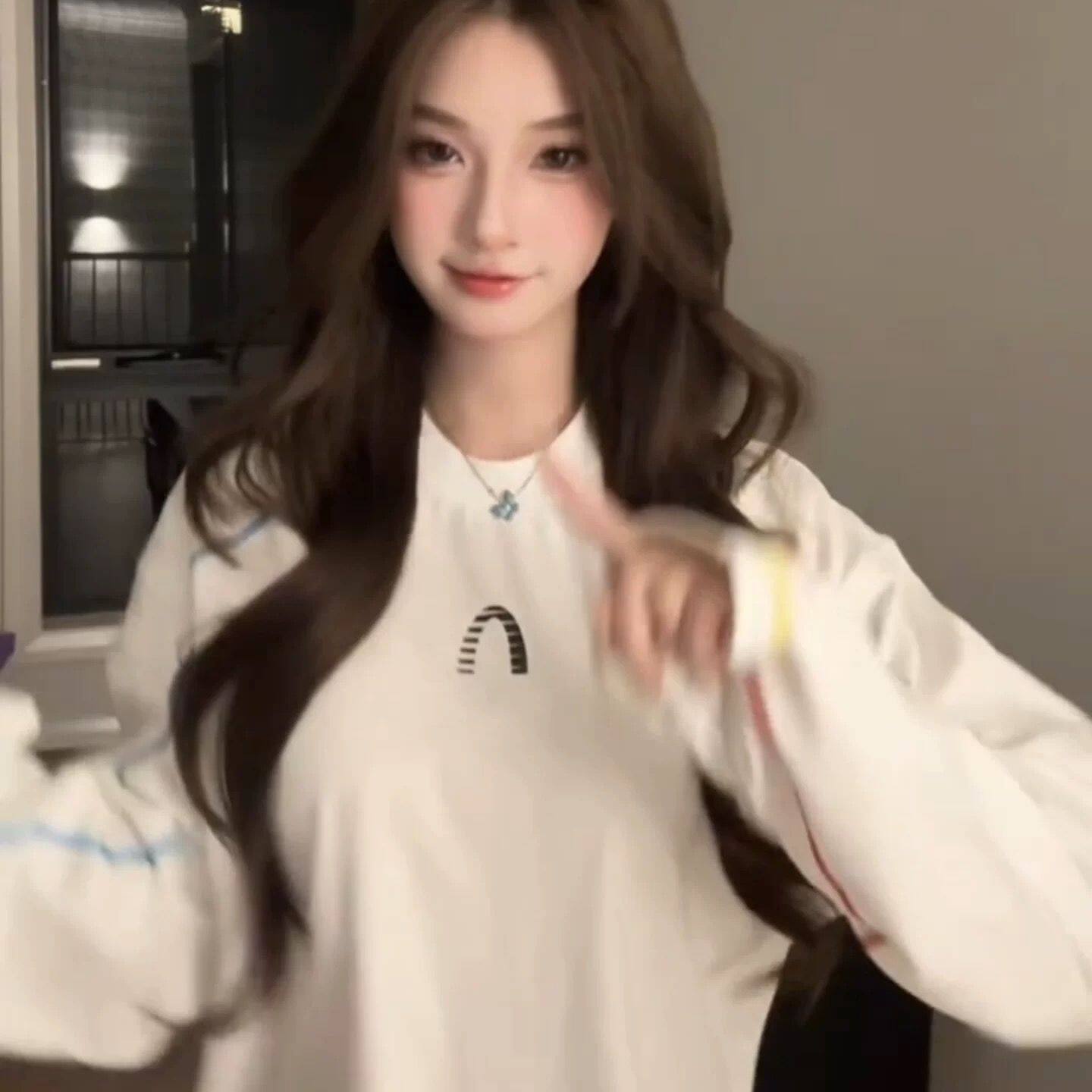 运动彩色明线不规则美式圆领长袖T恤INS秋季宽松爆款上衣