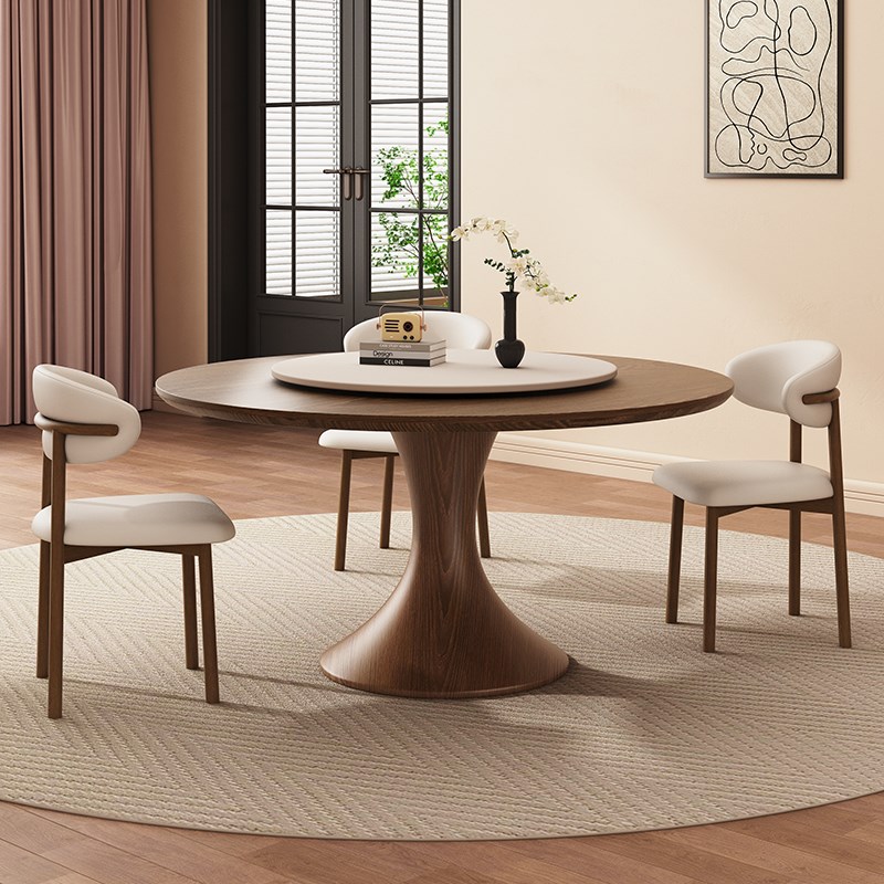 中古风小蛮腰圆桌带转盘家用胡桃色白蜡木复古小户型设计师圆餐桌