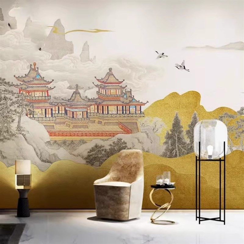 d山水楼阁飞鹤电视背景墙壁纸雅致茶室墙布意境无缝壁布墙纸,家装主材,无纺布墙纸,淘宝优惠券,粉丝福利购,淘宝优惠卷