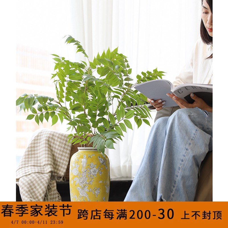 芙菡家居帝王黄《灵雀兆喜》古董藏品手绘釉下彩客厅水培陶瓷花瓶