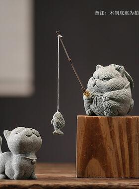 侠客小猫钓鱼茶宠爱小猫咪香插鱼缸造景饰品