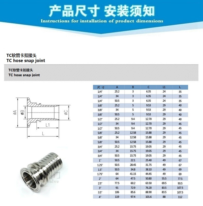 L 锈钢卫生食品级TC高压卡扣快装皮管接头卡箍宝塔软管