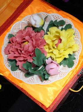 富贵吉祥牡丹陶瓷盘 瓷雕挂盘家居礼品 手工镂空艺术红