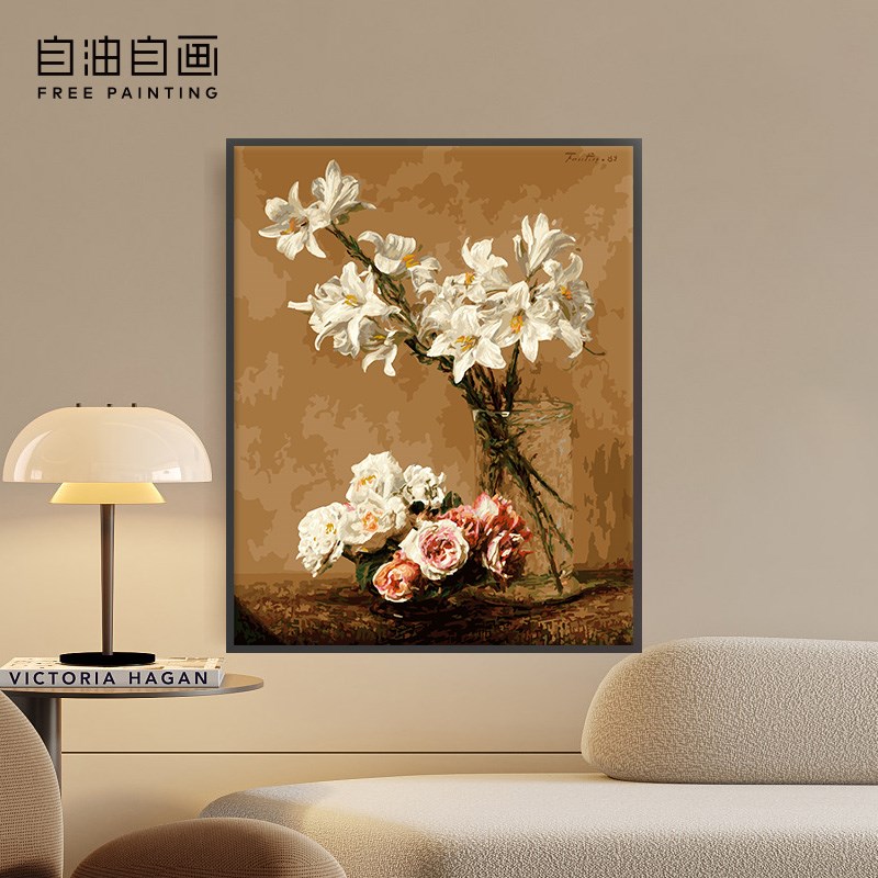 自油自画 数字油画diy手绘手工填充填色减压花卉油彩画玫瑰与百合