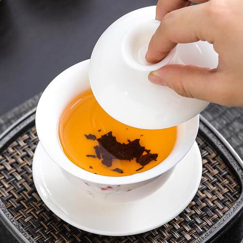 白瓷悬停羊脂玉盖碗茶三才盖碗家用单个陶瓷茶碗功夫茶具带盖手工