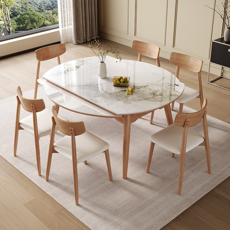 奶油风原木岩板餐桌椅组合现代简约家用小户型可伸缩方圆两用桌子