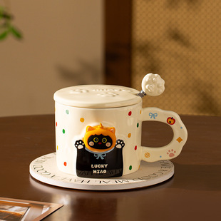可爱猫咪杯子陶瓷马克杯带盖勺咖啡杯女生家用喝水杯情侣杯早餐杯