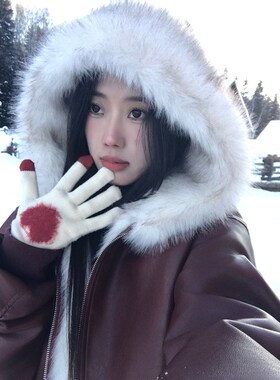 Joeyoo李乔优 勃艮第假日 红色皮衣女装冬季毛领连帽棉服夹棉外套