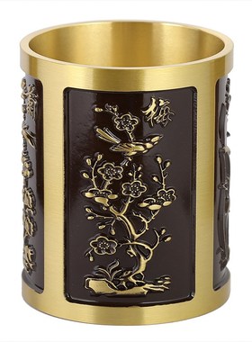 梅兰竹菊四君子黄铜笔筒书房桌面创意复古黄铜雕花笔筒摆件