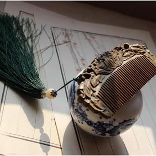 【胡桃夹子】中式及笄礼物绿檀双面雕花木梳子 唯有牡丹真国色