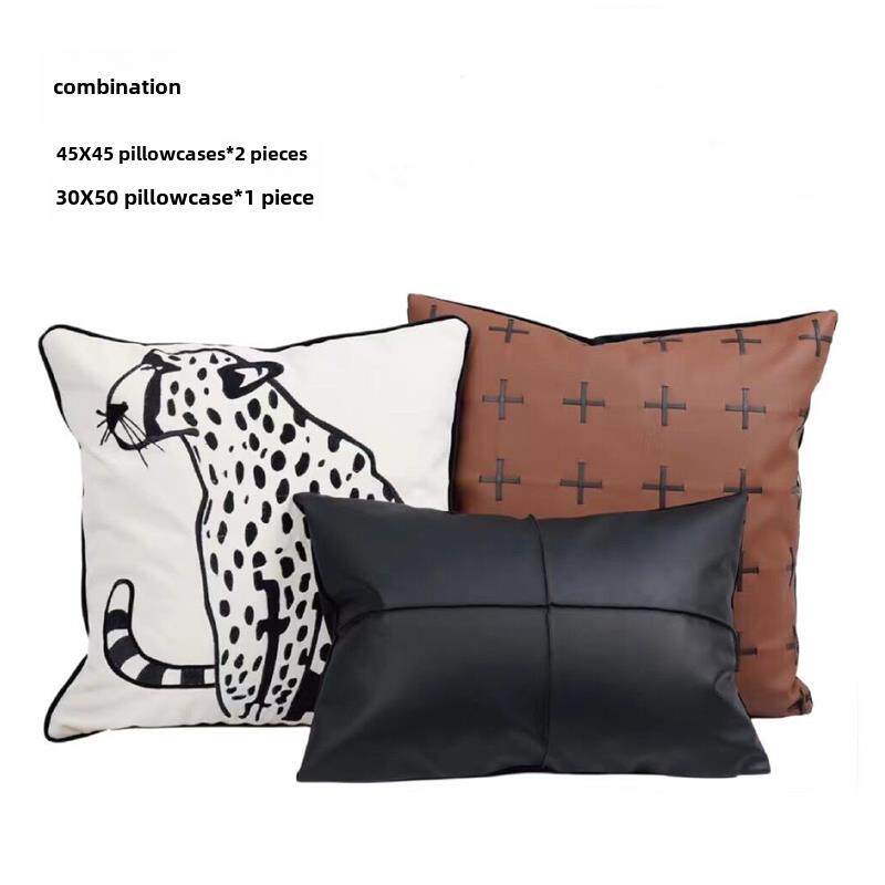 现代轻奢抱枕中古时髦客厅沙发装饰靠垫黑白豹子方枕皮质腰枕靠背